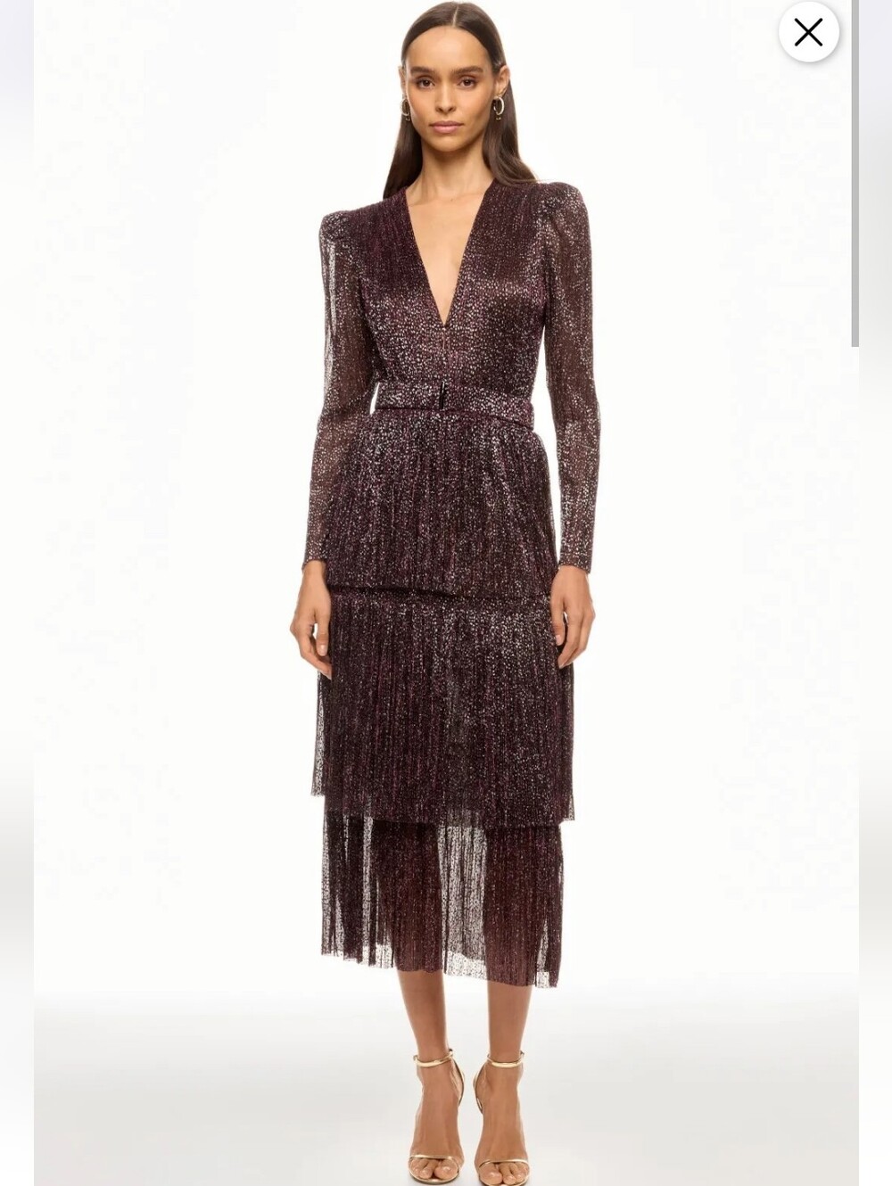 Sabina Musayev Metallic Plum Tiered Midi Dress